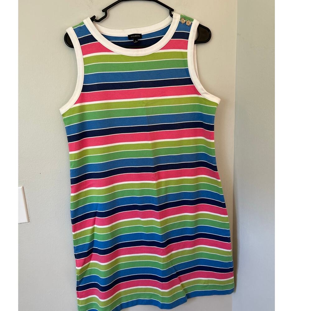 Talbots Sleeveless Tank Dress Colorful Stripe Pattern L Knee Length 100% Cotton